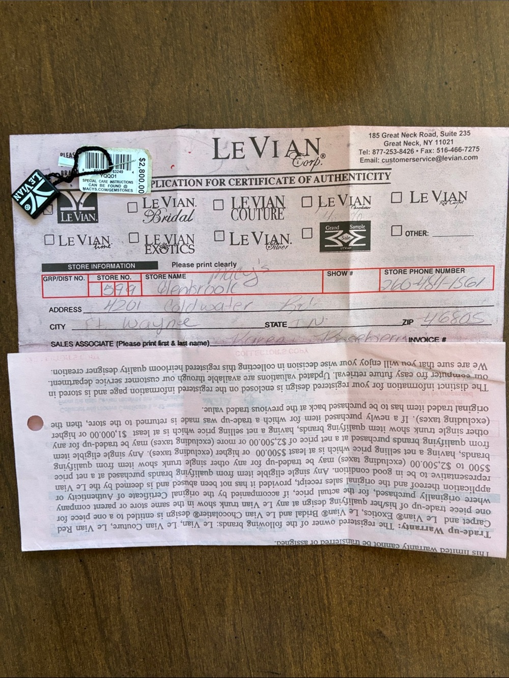Document on table with small tag